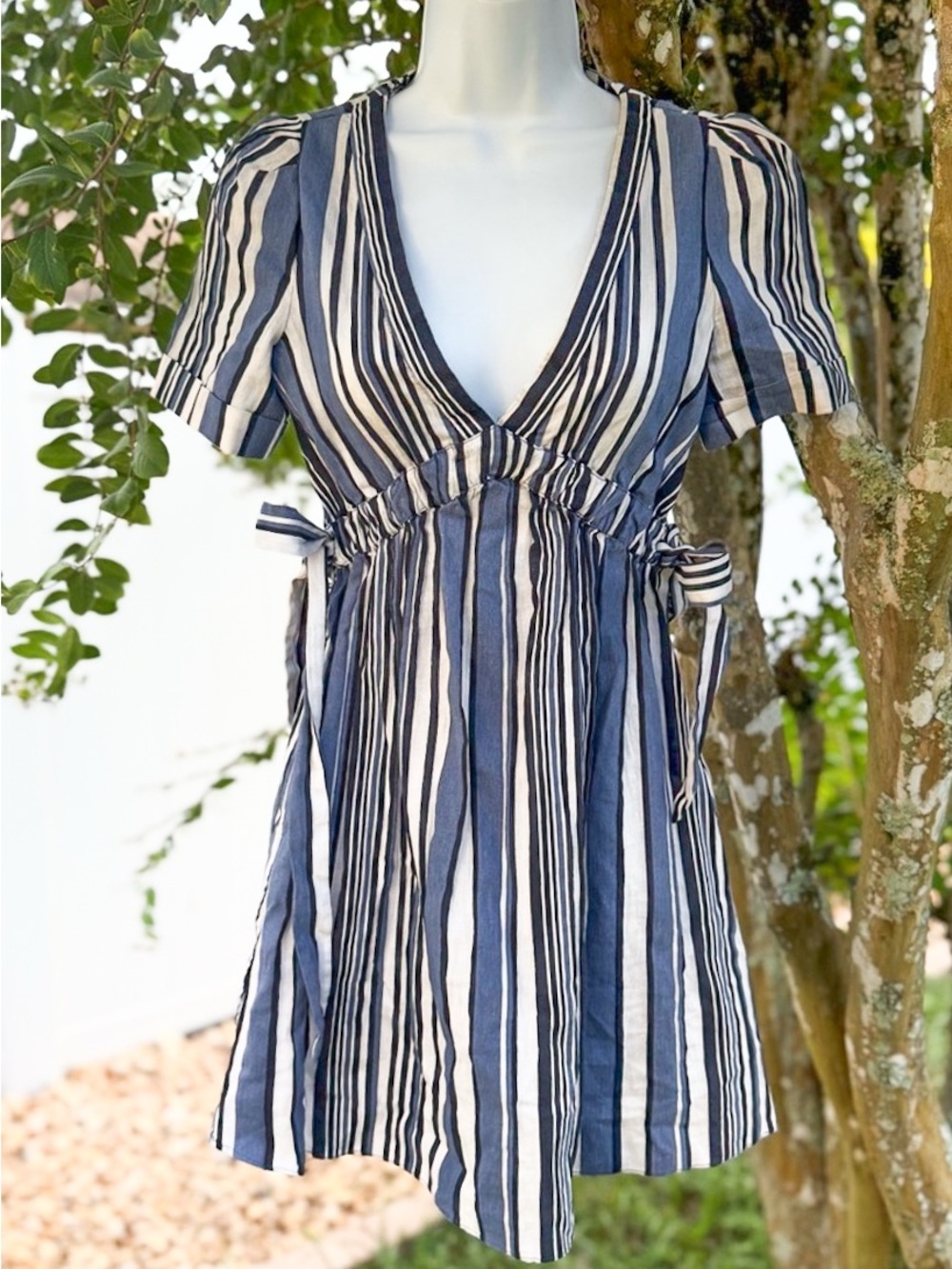 Zara Linen Blend Blue White Striped Wrap Dress XS